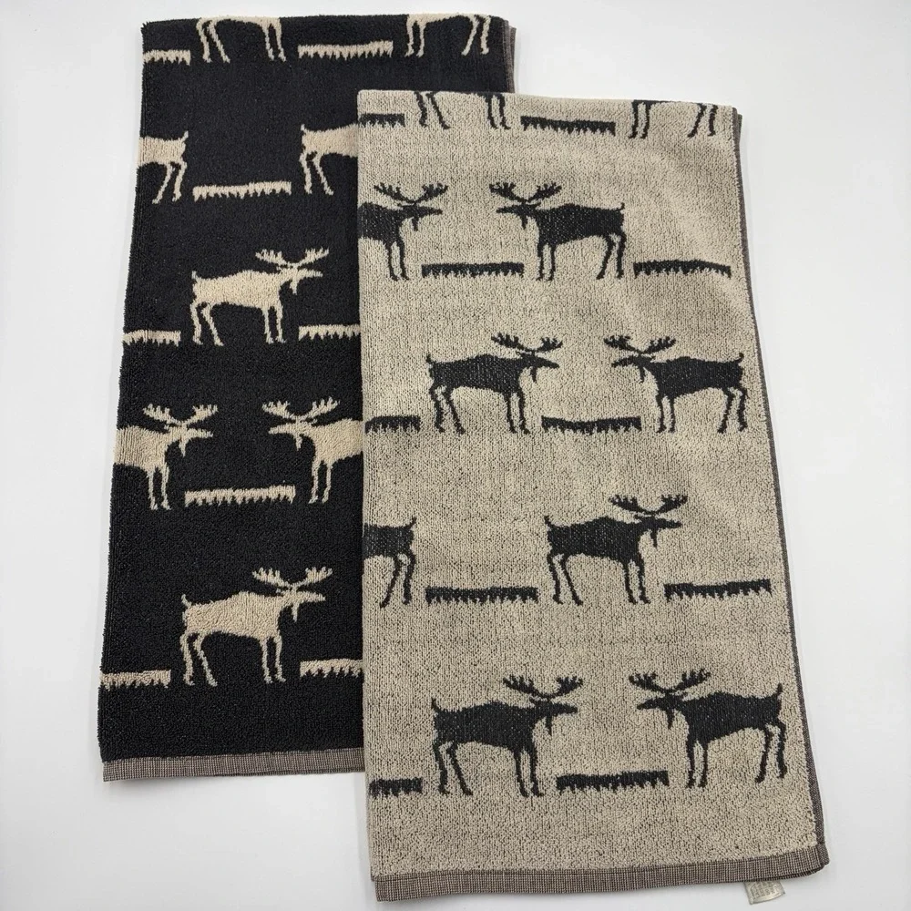 Vtg 90s Kimlor Mills Moose Bath Towel Set 2 Cotton Portugal Cabin Lodge Rustic